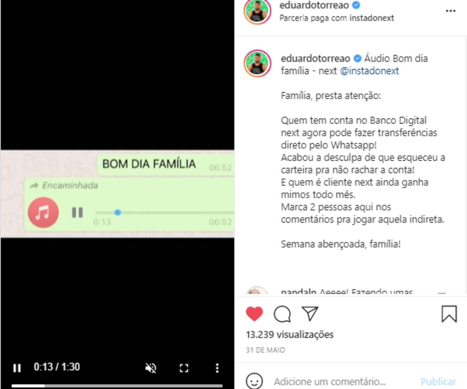 Eduardo Torreão divulga pagamentos pelo whatsapp para o next