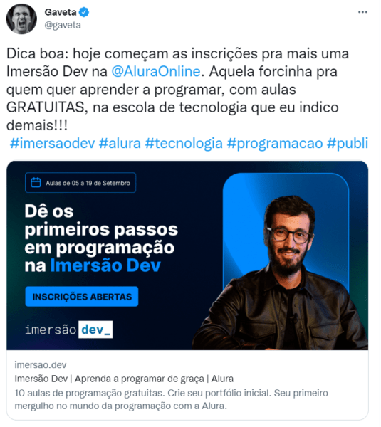 Post Twitter Gaveta Imersão Dev Alura